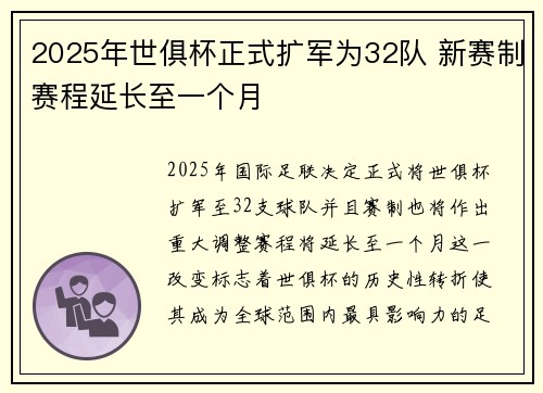 2025年世俱杯正式扩军为32队 新赛制赛程延长至一个月 2025年世俱杯正式扩军为32队 新赛制赛程延长至一个月